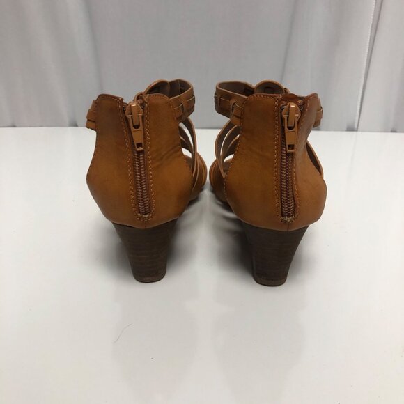 Restricted Cognac Strappy Wedge Sandals Womens Size 8.5 Back Zipper Shoes - Picture 4 of 7
